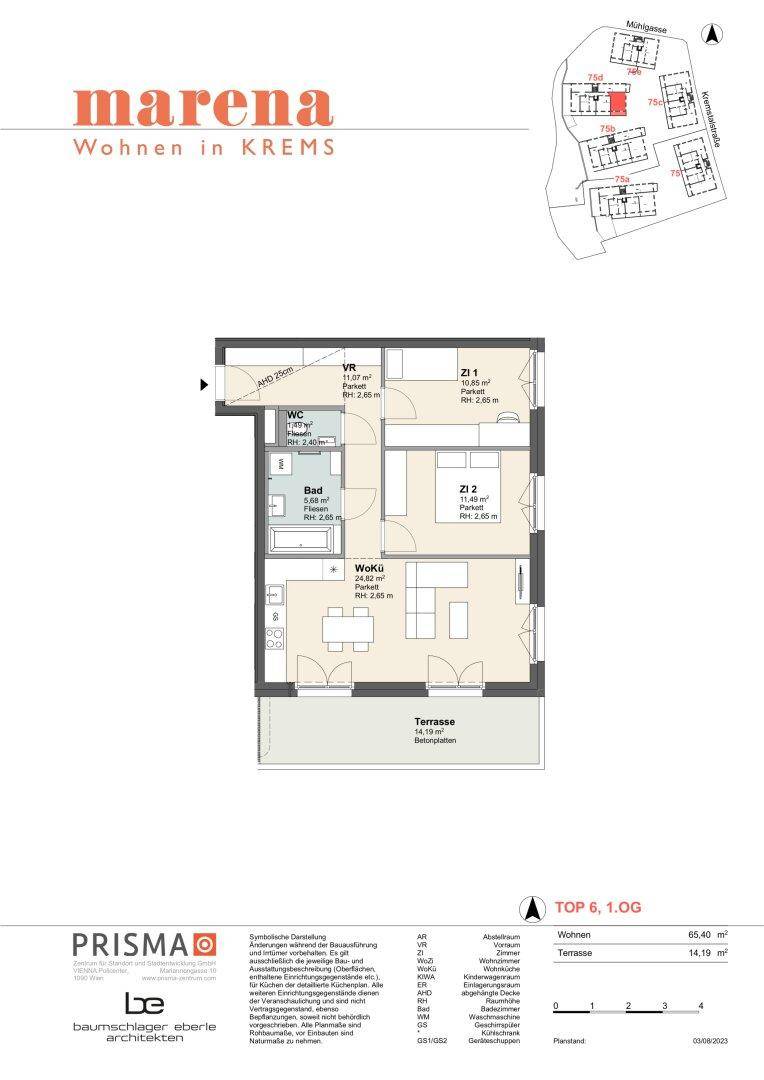 Grundriss zeigt eine Wohnung mit Terrasse, zwei Schlafzimmern und offenem Wohn-Kochbereich.