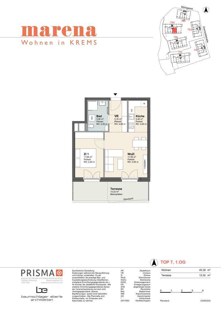 Grundriss für Top 7 im ersten Obergeschoss mit Terrasse und offenem Wohnbereich.