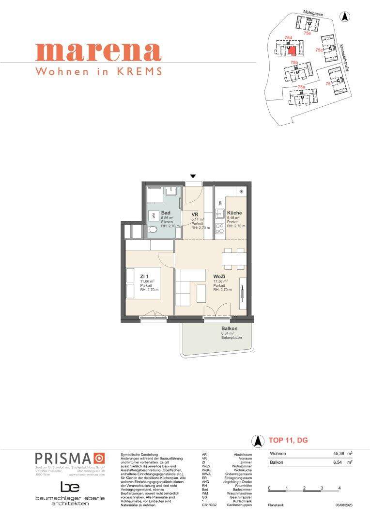 Detaillierter Grundriss einer Wohnung mit einem Schlafzimmer, Bad und Balkon.