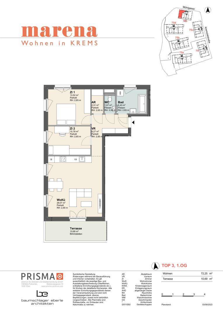 Grundriss einer Wohnung im ersten Obergeschoss mit Terrasse und offenem Wohnbereich.