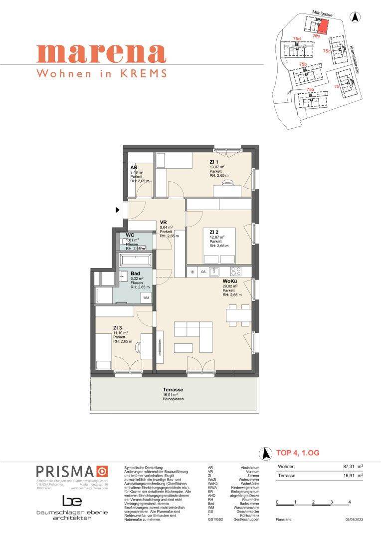 Grundriss einer Wohnung mit drei Zimmern, Terrasse und offenem Wohnbereich.