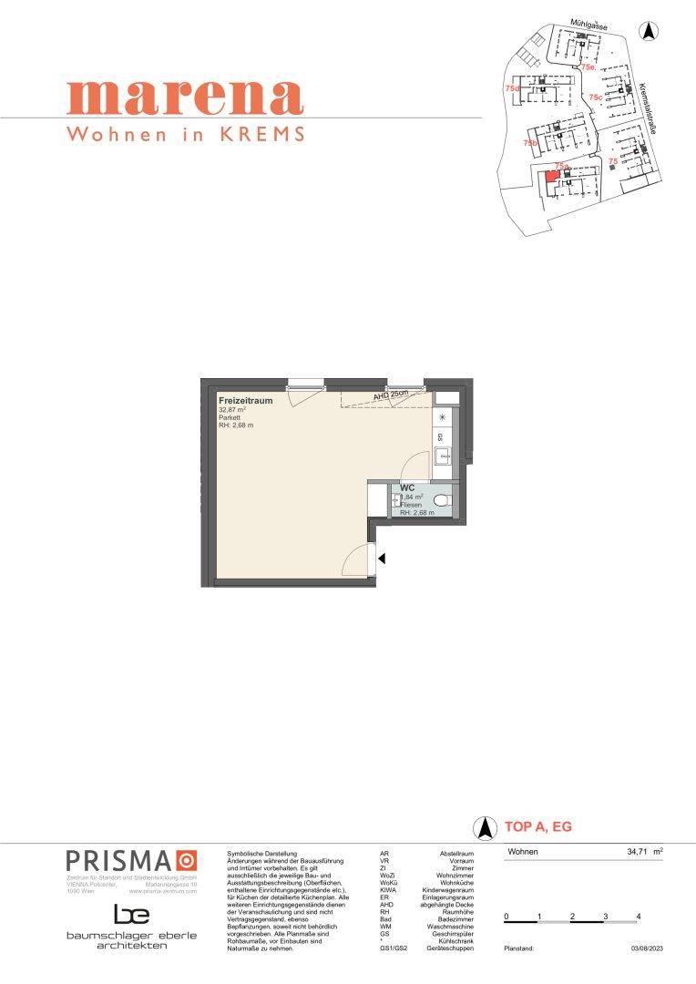 Grundriss für Top A, EG, zeigt einen Freizeitraum und ein separates WC mit 34,71 m².