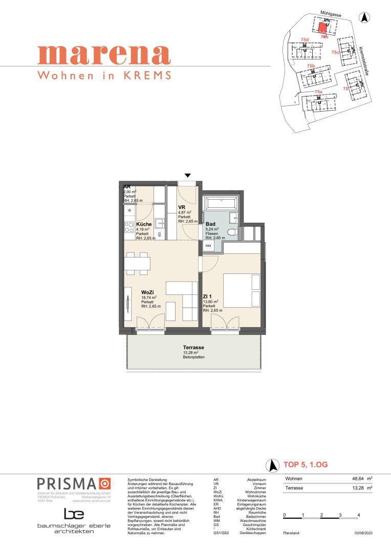 Grundriss der Wohnung Top 5 im ersten Obergeschoss mit Terrasse und offenem Wohnbereich.