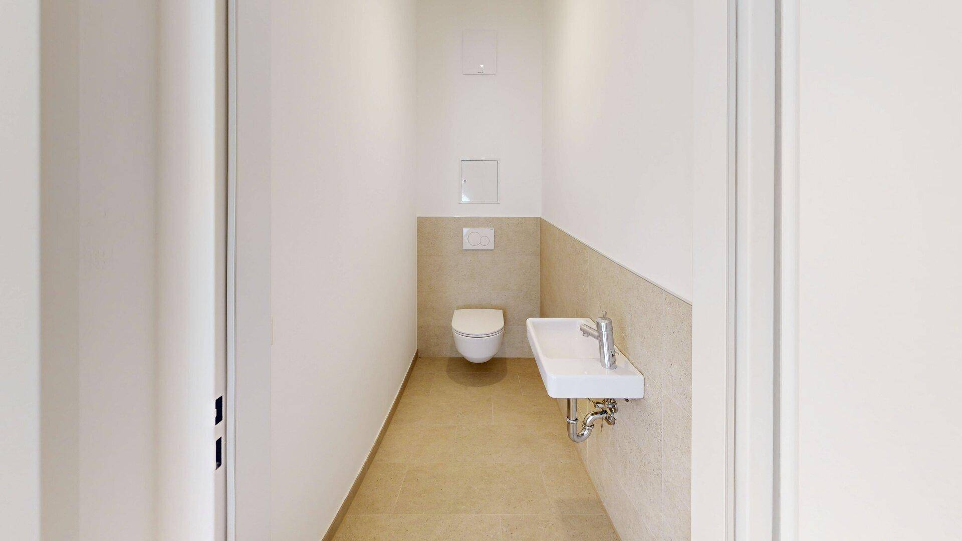 Kleines Gäste-WC mit wandhängender Toilette und modernem Waschbecken.