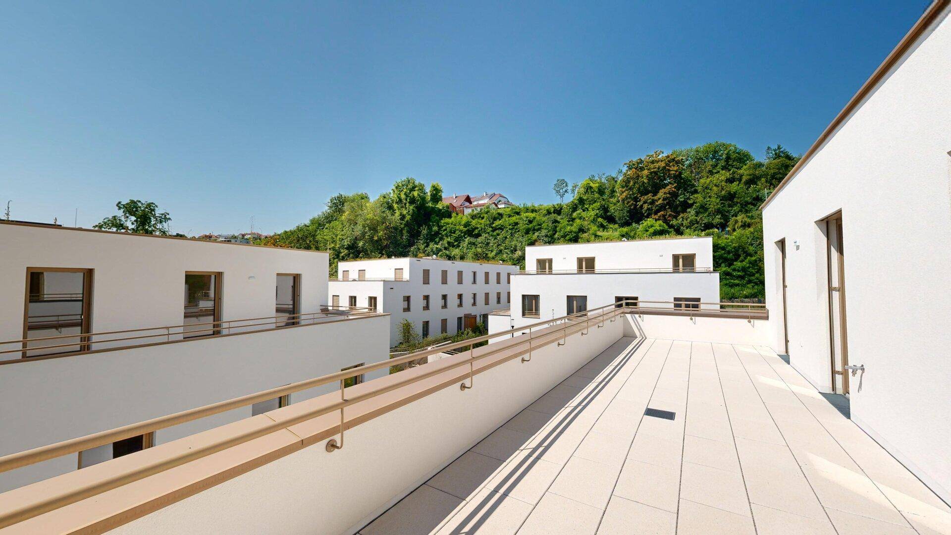 Große, sonnige Terrasse mit modernem Geländer und Blick auf umliegende Gebäude und Grünflächen.