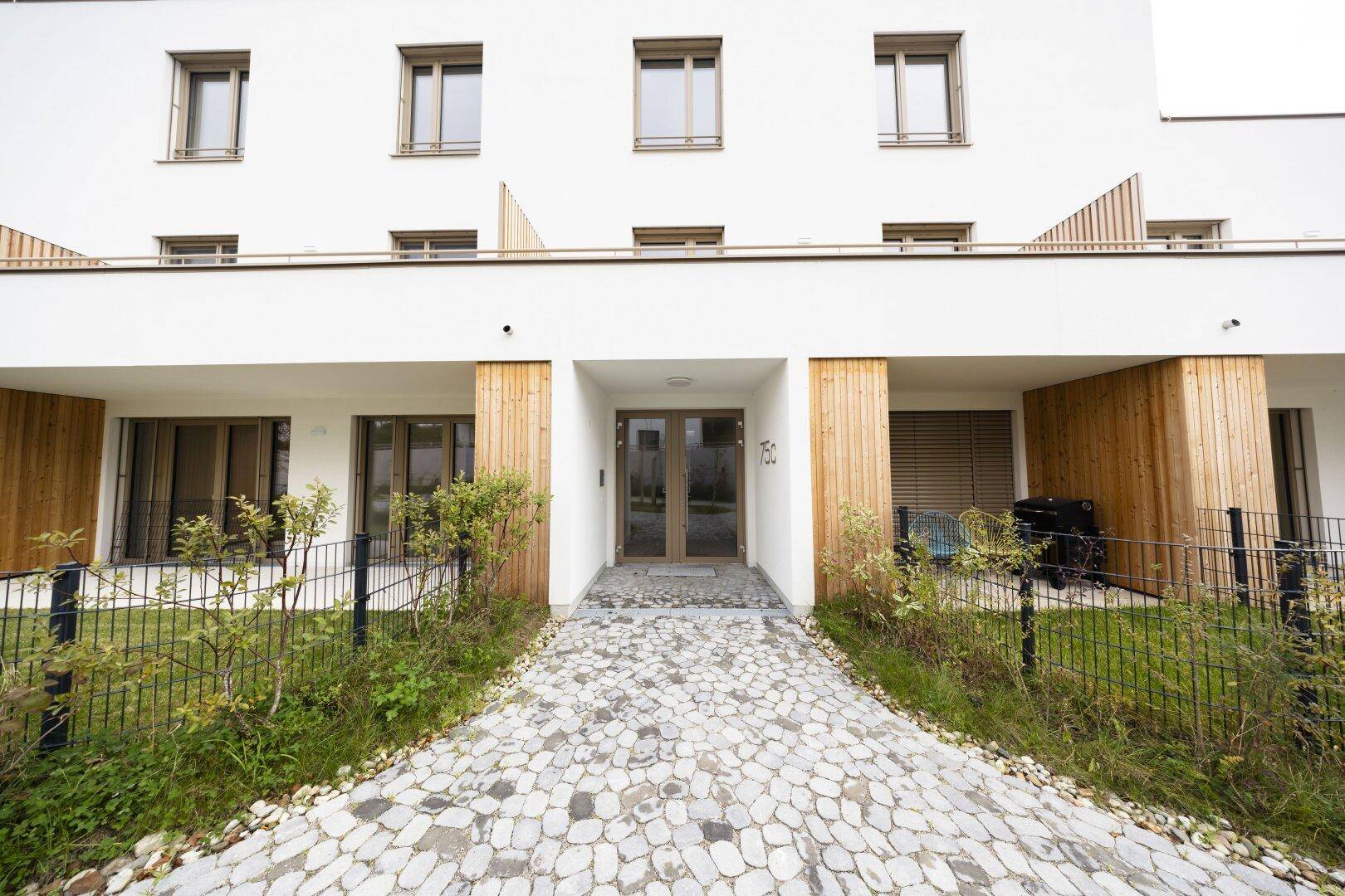 Moderner Hauseingang mit Holzelementen und gepflastertem Weg, umgeben von Grünflächen.