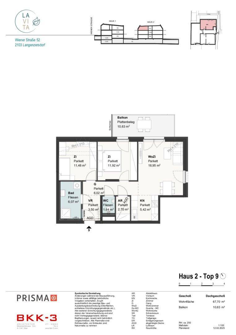Grundriss einer Dreizimmerwohnung mit Balkon und separatem WC.