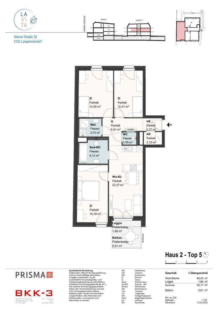 Grundriss der Wohnung Top 5 in Haus 2 mit Balkon und Loggia.