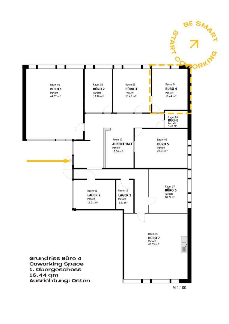 Grundrissplan eines Coworking-Bereichs mit mehreren Büros, Küche und Aufenthaltsräumen.