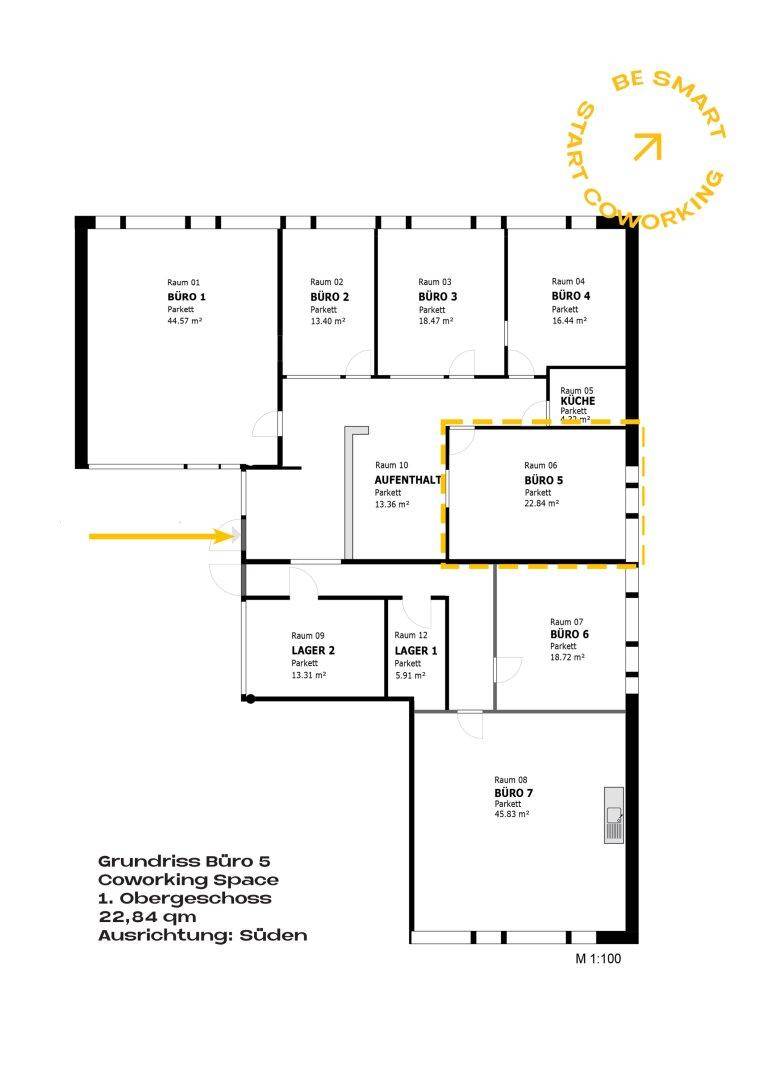 Detaillierter Grundriss eines Coworking Spaces mit mehreren Büros, Küche, Aufenthaltsraum und Lagerräumen.