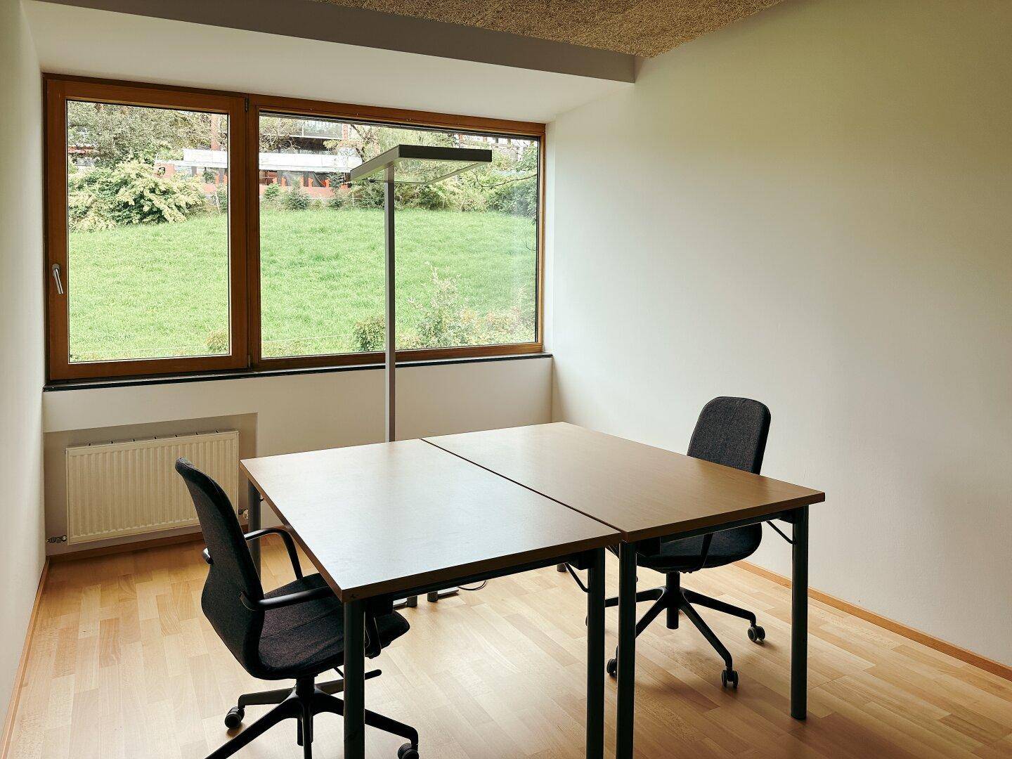 Helles Büro mit zwei Schreibtischen, Bürostühlen und einem großen Fenster mit Blick auf eine grüne Wiese.