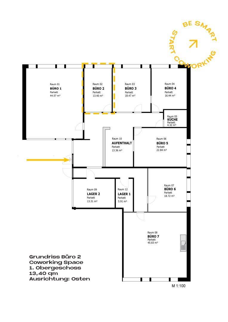 Grundriss eines Coworking-Bereichs mit mehreren Büros und Gemeinschaftsflächen.
