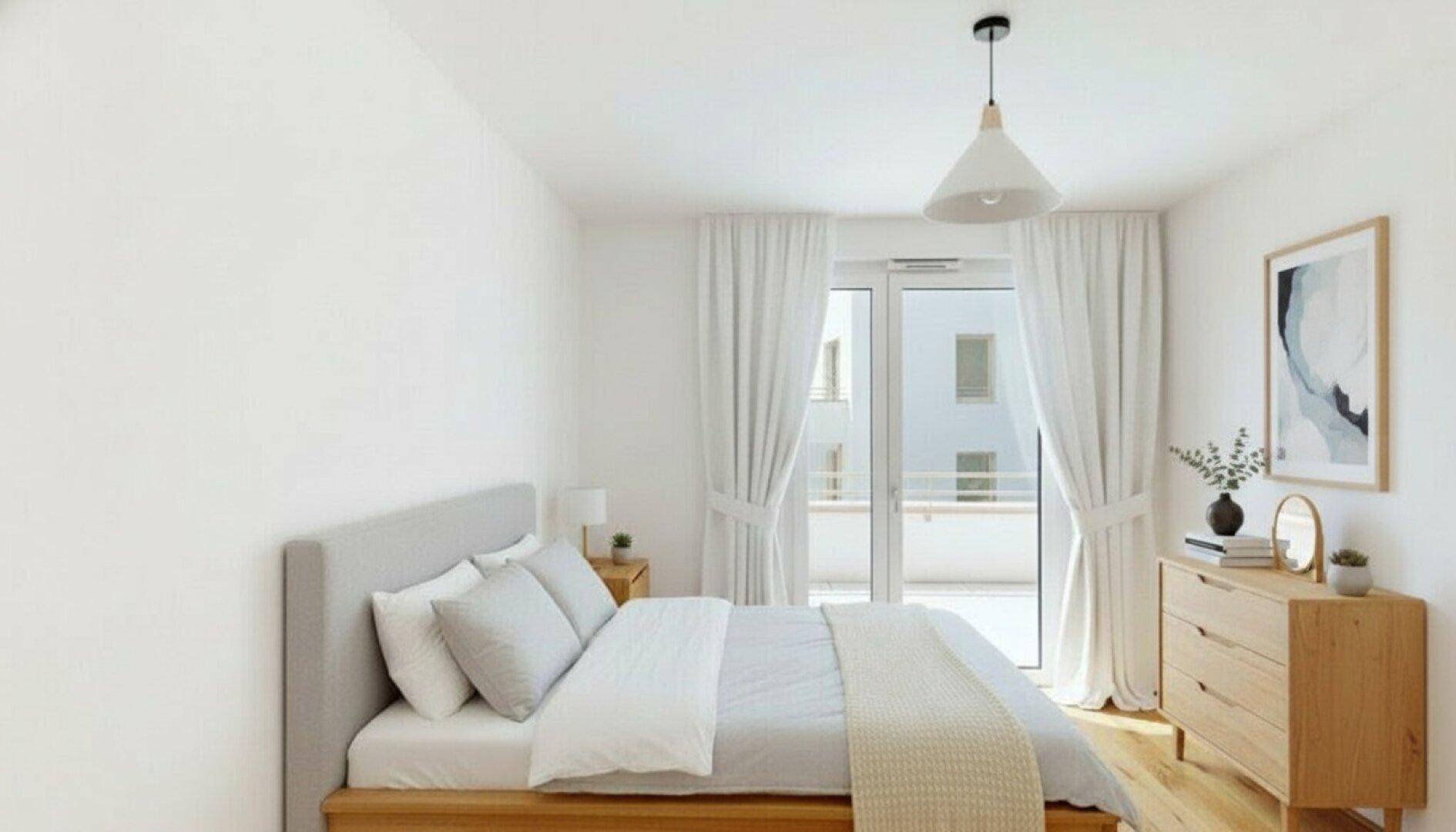 Gemütliches Schlafzimmer mit Holzboden, modernem Bett und Zugang zu einem Außenbereich.
