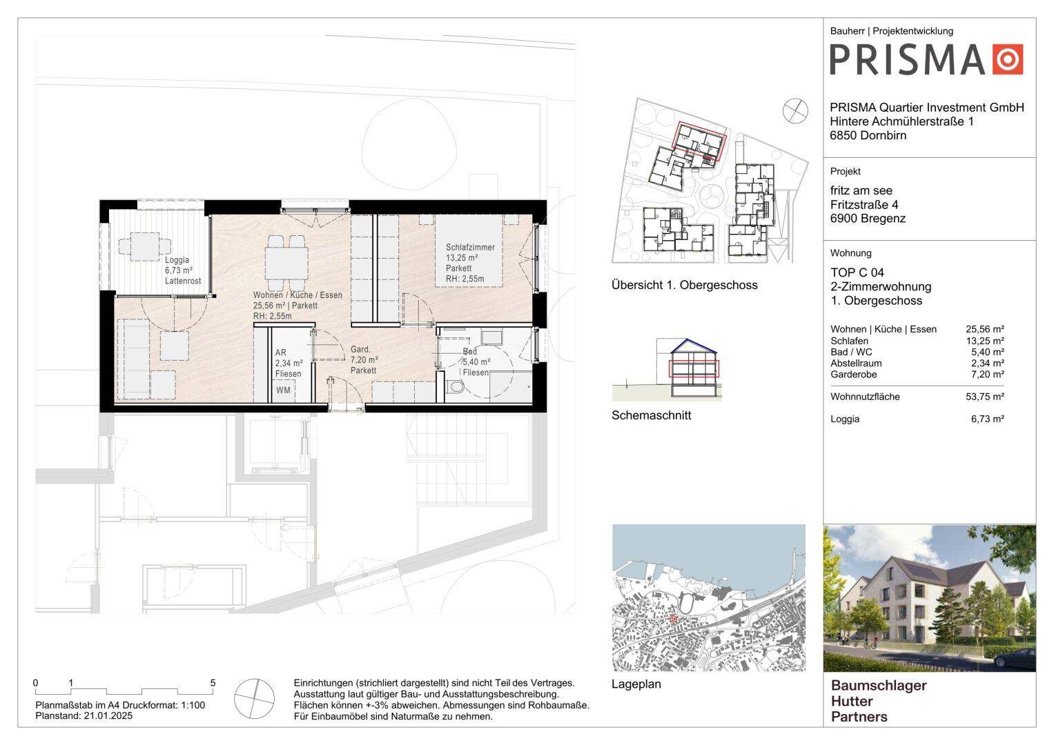 Detaillierter Grundriss einer 2-Zimmer-Wohnung mit Loggia und offenem Wohnbereich.