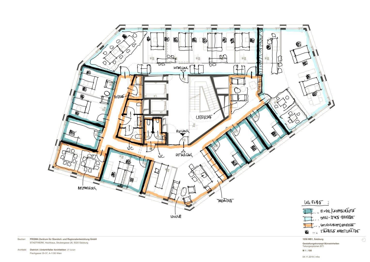 Detaillierter Grundriss mit verschiedenen Bürobereichen, Besprechungsräumen und Sanitäranlagen.