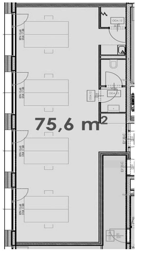 Grundriss einer Bürofläche von 75,6 m² mit vier Arbeitsplätzen und Sanitärbereich.