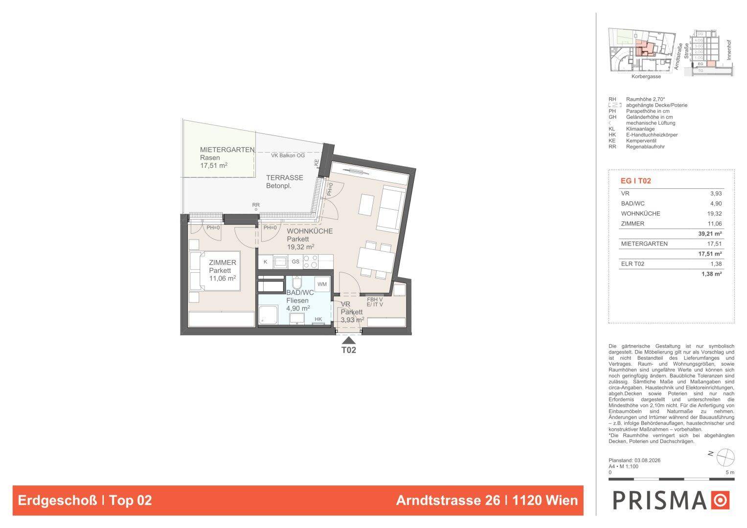 Grundriss des Erdgeschosses mit offener Wohnküche, einem Zimmer, Bad, Terrasse und Mietergarten.