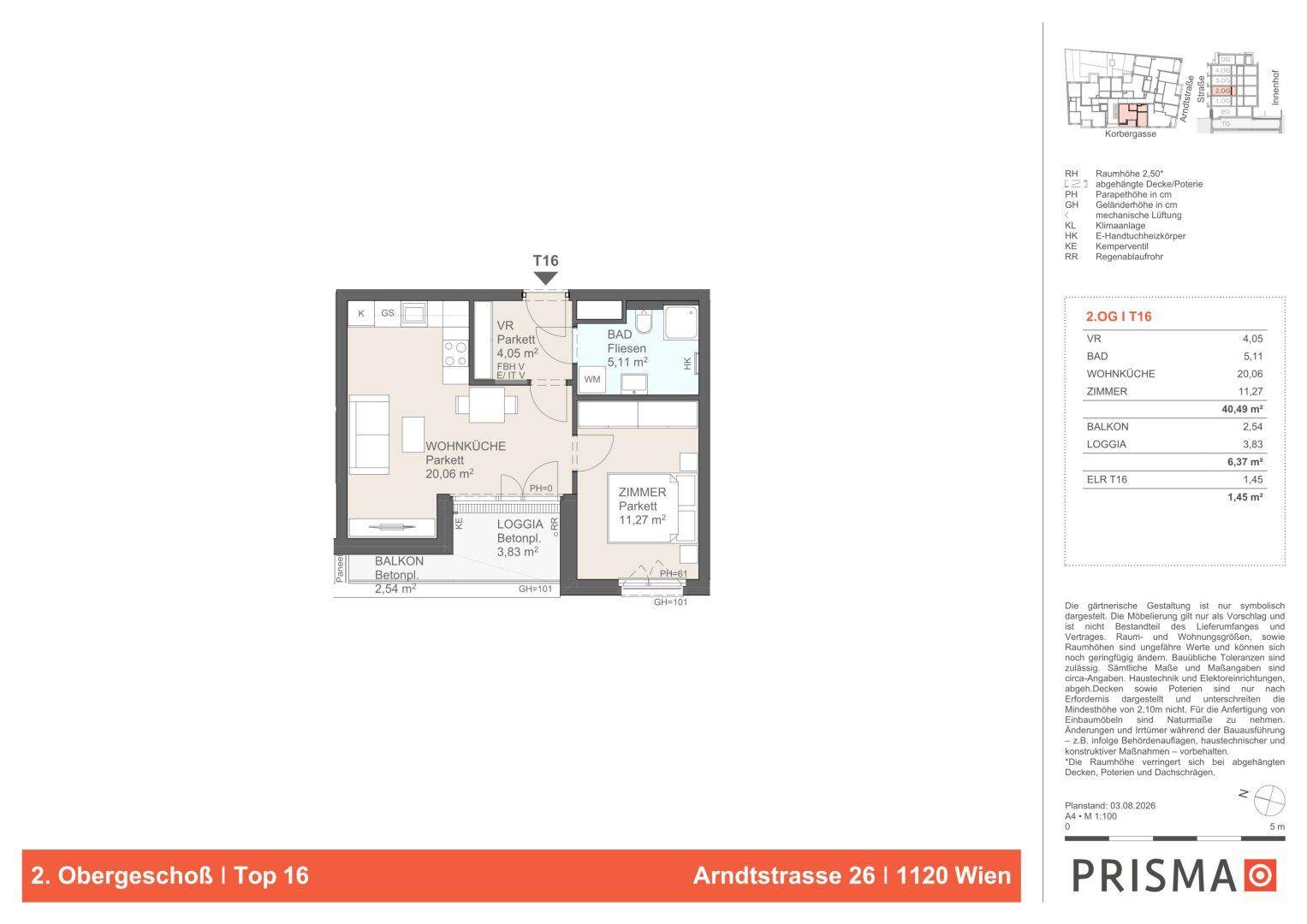 Grundriss einer modernen Wohnung im zweiten Obergeschoss mit offener Wohnküche, einem Schlafzimmer, Bad, Loggia und Balkon.