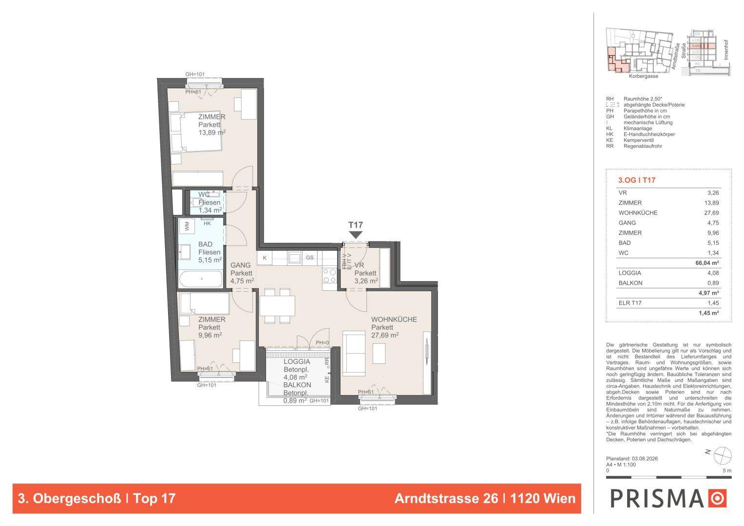 Detaillierter Grundriss einer Wohnung mit zwei Schlafzimmern, offener Wohnküche, Bad, separatem WC, Loggia und Balkon.