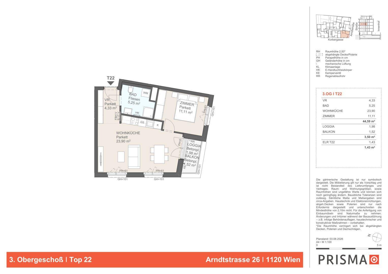 Grundriss einer Wohnung mit offener Wohnküche, einem Schlafzimmer, Bad, Loggia und Balkon.