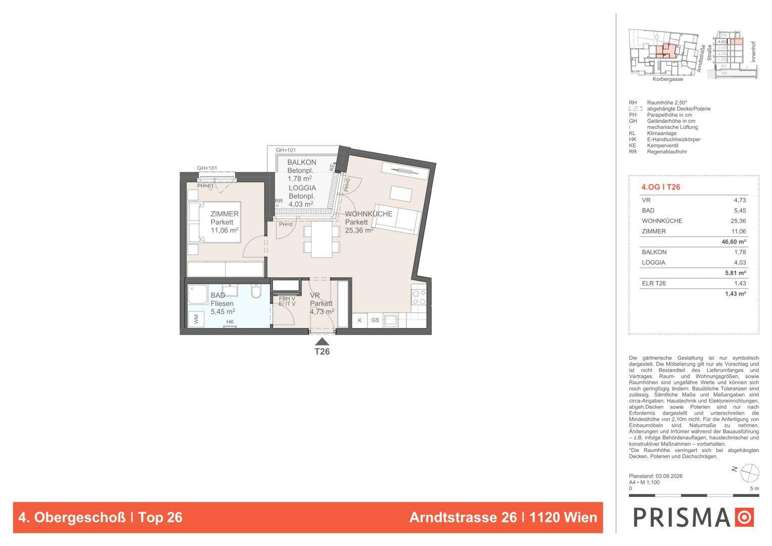 Grundriss einer modernen Wohnung mit offenem Wohn-Essbereich, einem Schlafzimmer, Bad, Balkon und Loggia.
