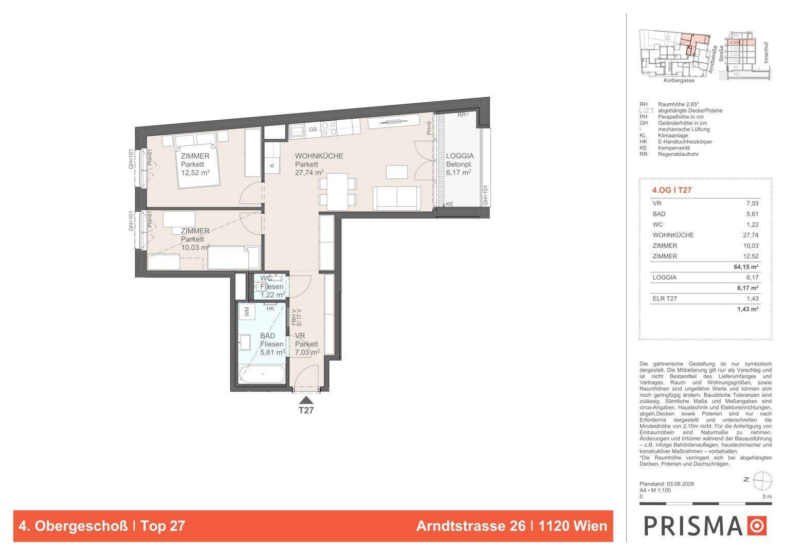 Grundriss einer Wohnung mit offener Wohnküche, zwei Zimmern, Bad, separatem WC und einer Loggia.