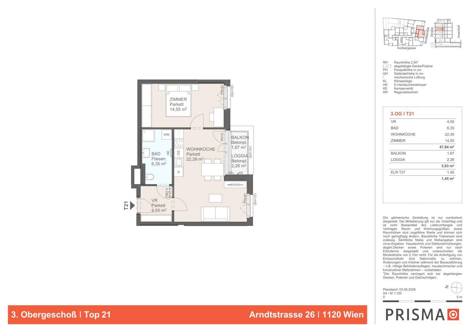 Grundriss einer Wohnung mit Wohnküche, Schlafzimmer, Bad, Balkon und Loggia, ausgestattet mit Parkett und Fliesen.