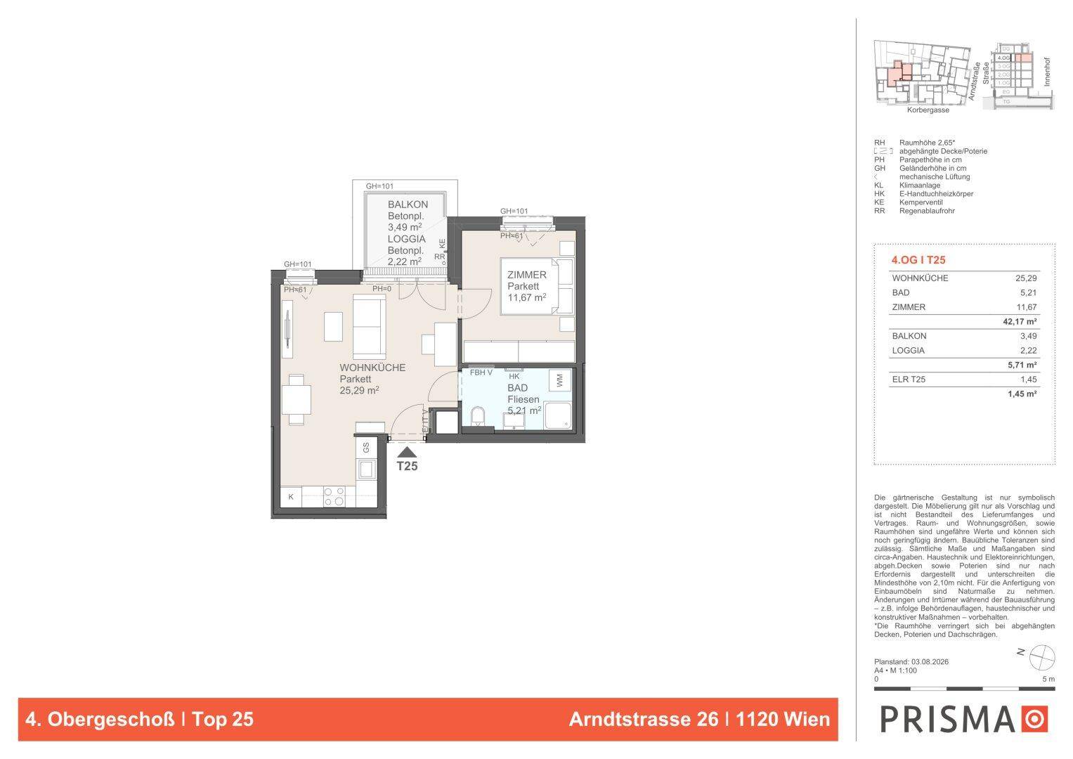 Grundriss einer modernen Wohnung mit offener Wohnküche, einem Schlafzimmer, Bad, Balkon und Loggia.