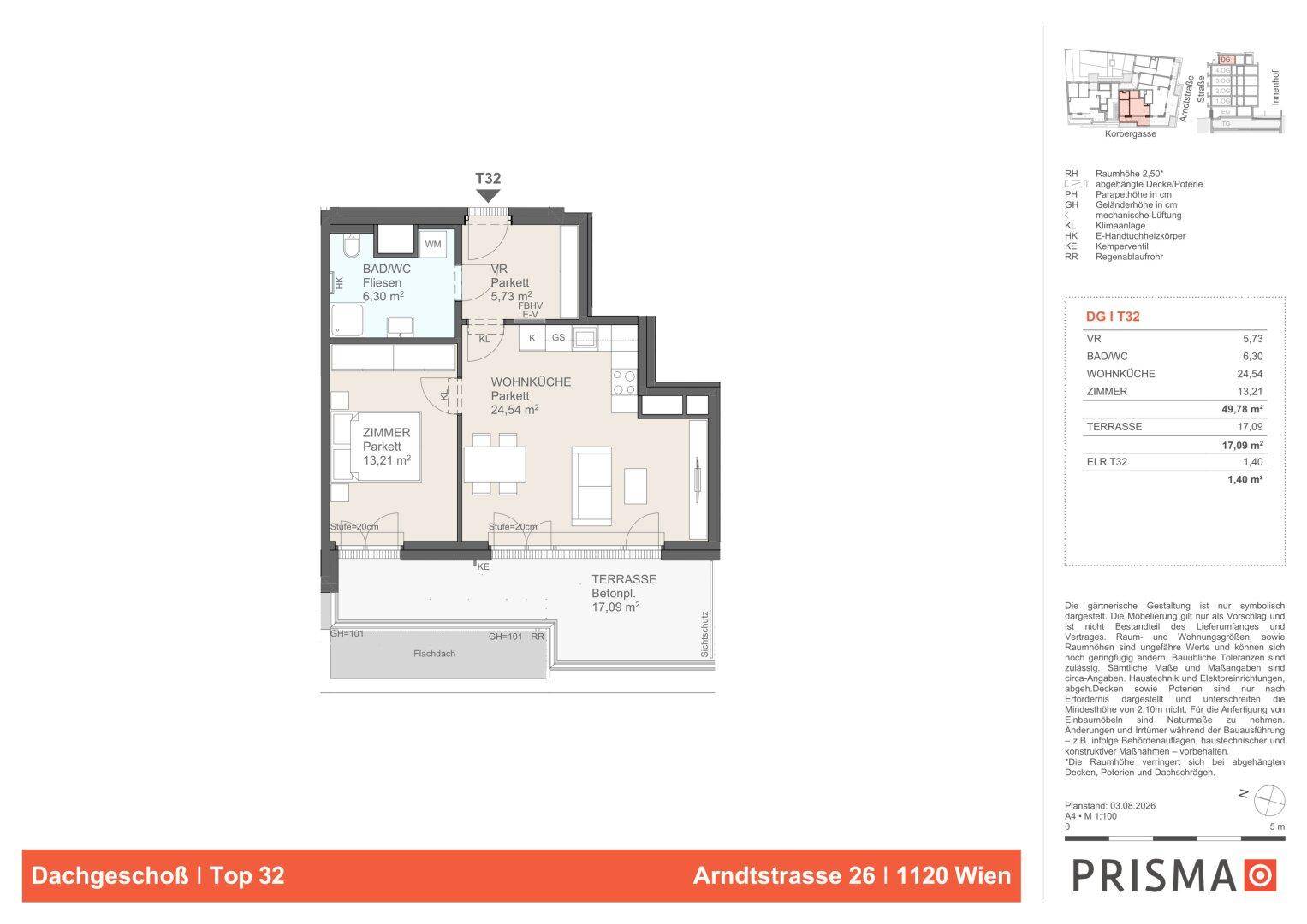 Grundriss einer Dachgeschosswohnung mit offener Wohnküche, einem Schlafzimmer und großer Terrasse.