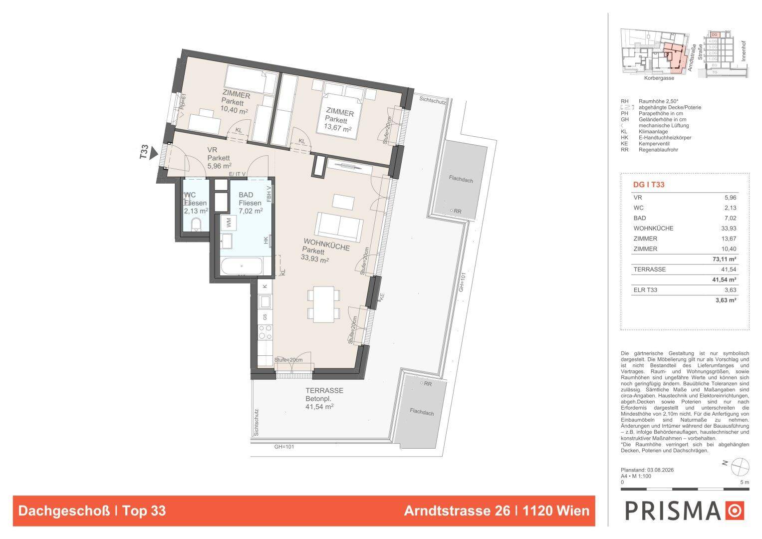 Grundriss einer Dachgeschosswohnung mit offener Wohnküche, zwei Zimmern und großer Terrasse.