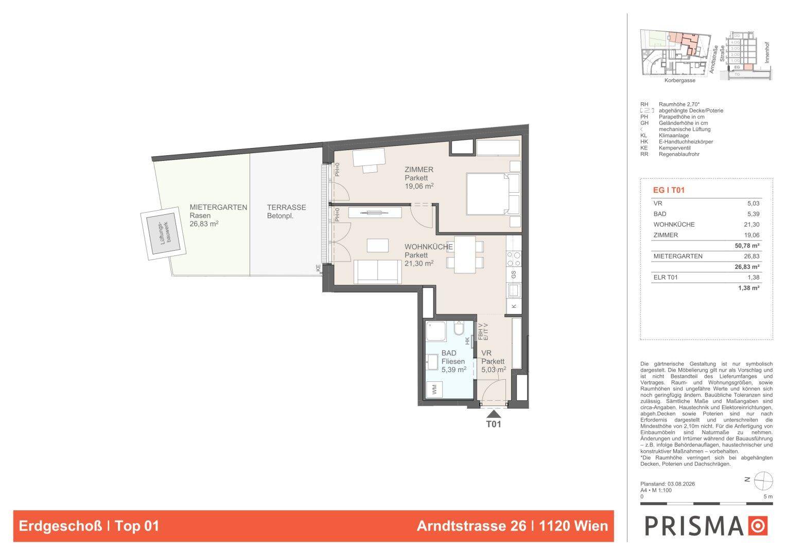 Grundriss einer Erdgeschosswohnung mit Terrasse, einem Schlafzimmer und offenem Wohnbereich.