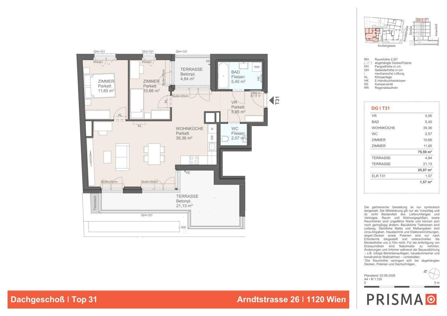 Detaillierter Grundriss einer Dachgeschosswohnung mit zwei Schlafzimmern, Bad, separatem WC und großer Terrasse.
