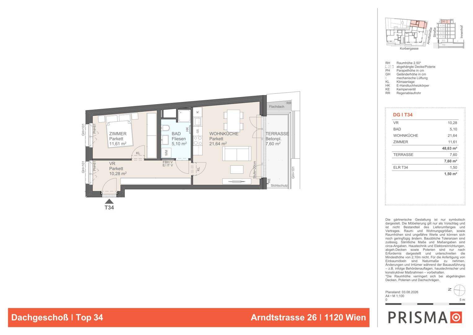 Grundriss einer Dachgeschosswohnung mit offenem Wohnbereich und Terrasse.