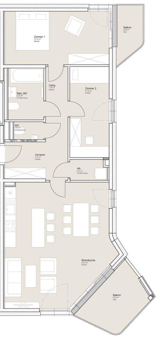 Grundriss einer Wohnung mit drei Zimmern, zwei Bädern und offenem Wohnbereich.