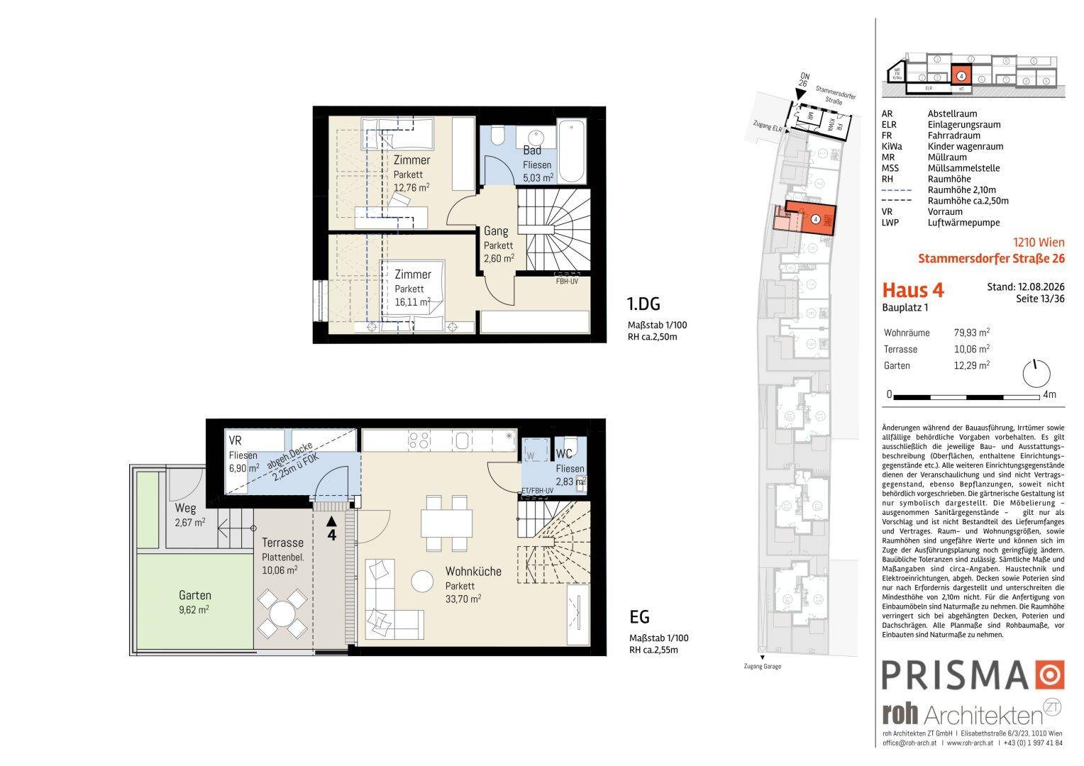 Grundriss für Haus 4 mit Erdgeschoss und erstem Obergeschoss, inklusive Terrasse und Garten.