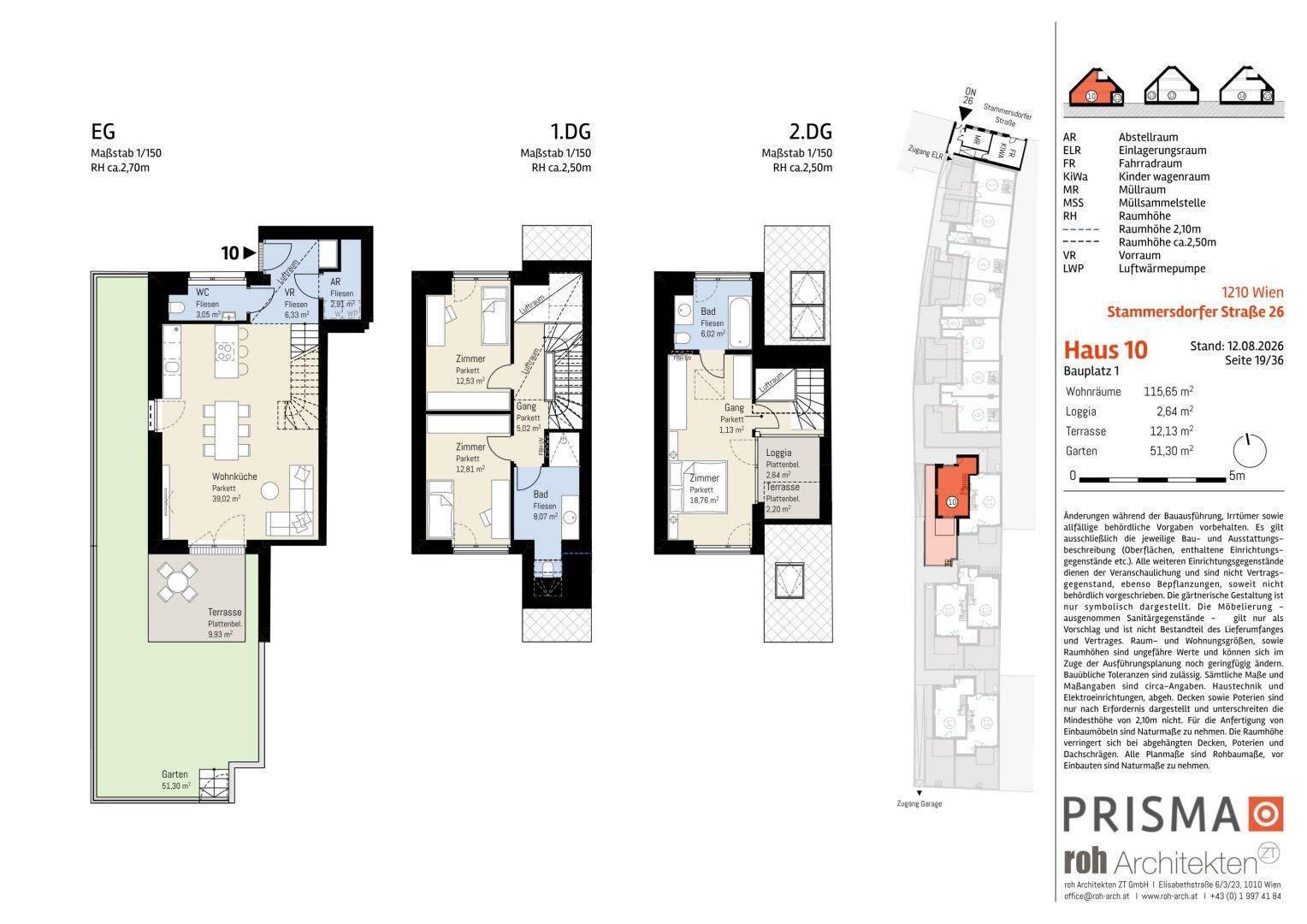 Detaillierter Grundriss für Haus 10 über drei Etagen mit Garten, Terrasse und Loggia.