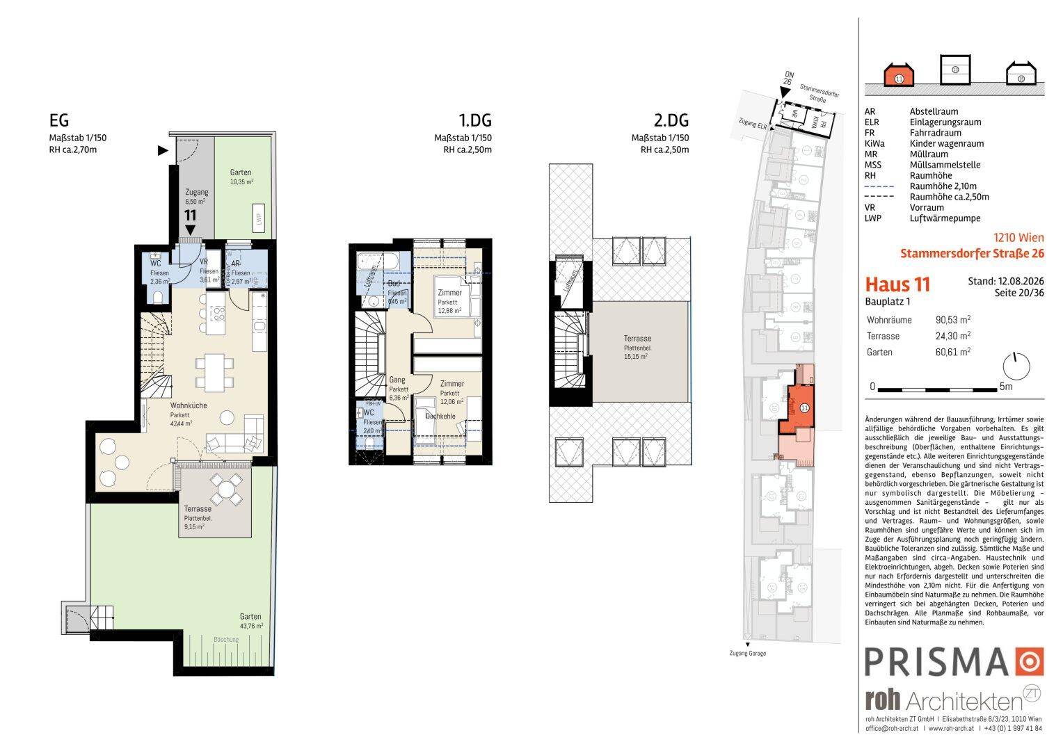 Grundrisspläne für drei Etagen eines Hauses mit Garten, Terrasse und Balkon.