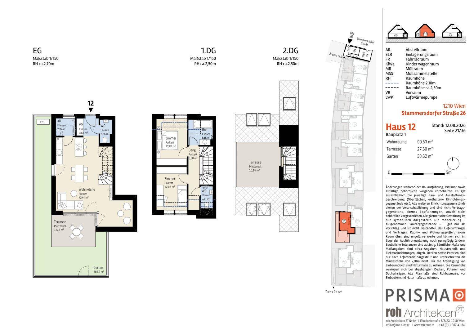 Grundriss von Haus 12 über mehrere Etagen mit Garten, Terrasse und Balkon, inklusive Lageplan.