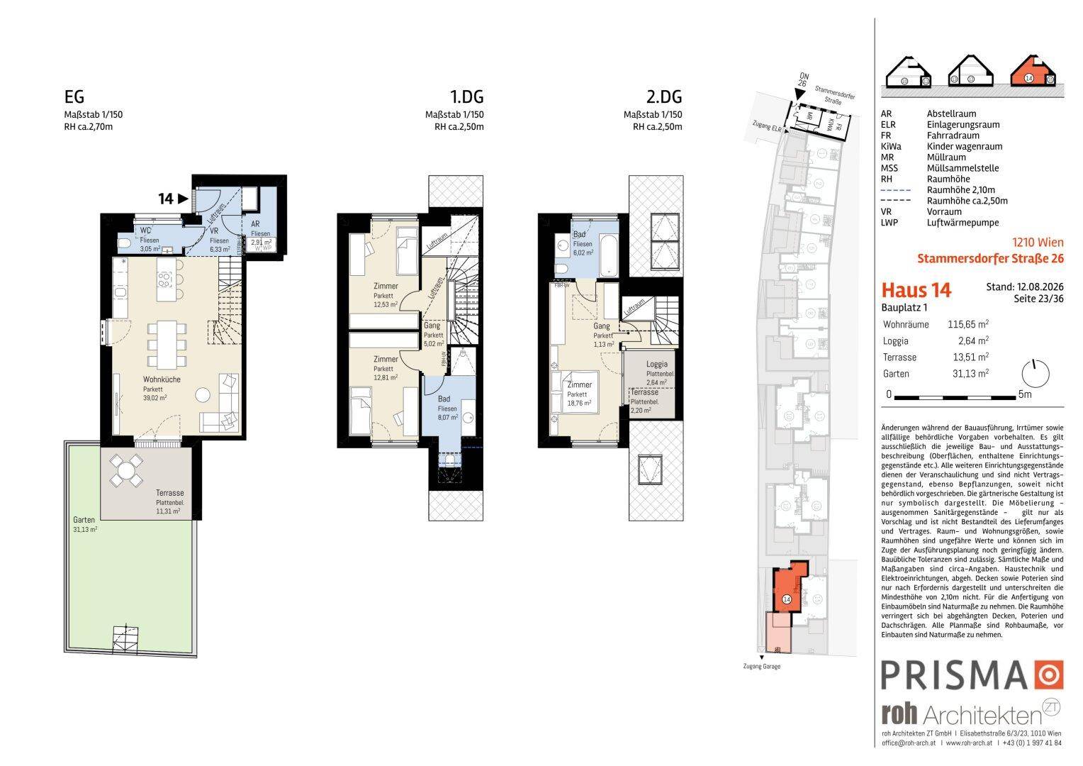 Detaillierter Grundriss von Haus 14 über drei Etagen mit Garten und Terrasse.