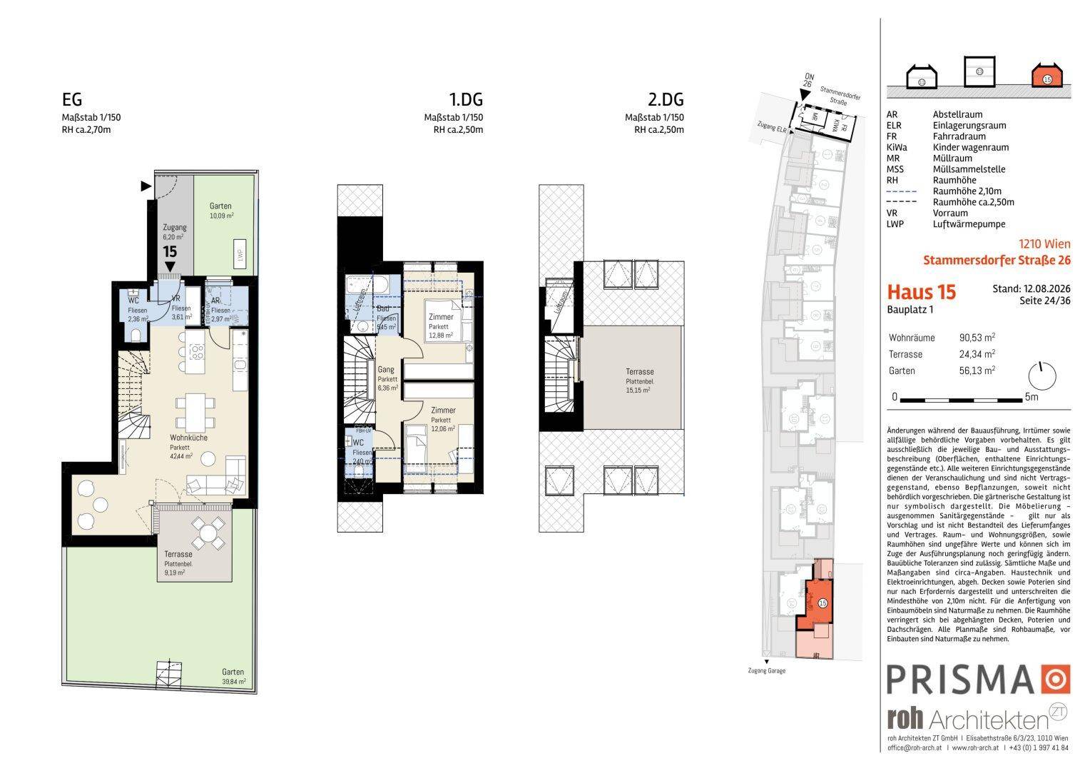 Detaillierter Grundriss von Haus 15 über drei Etagen mit Garten und Terrassen.