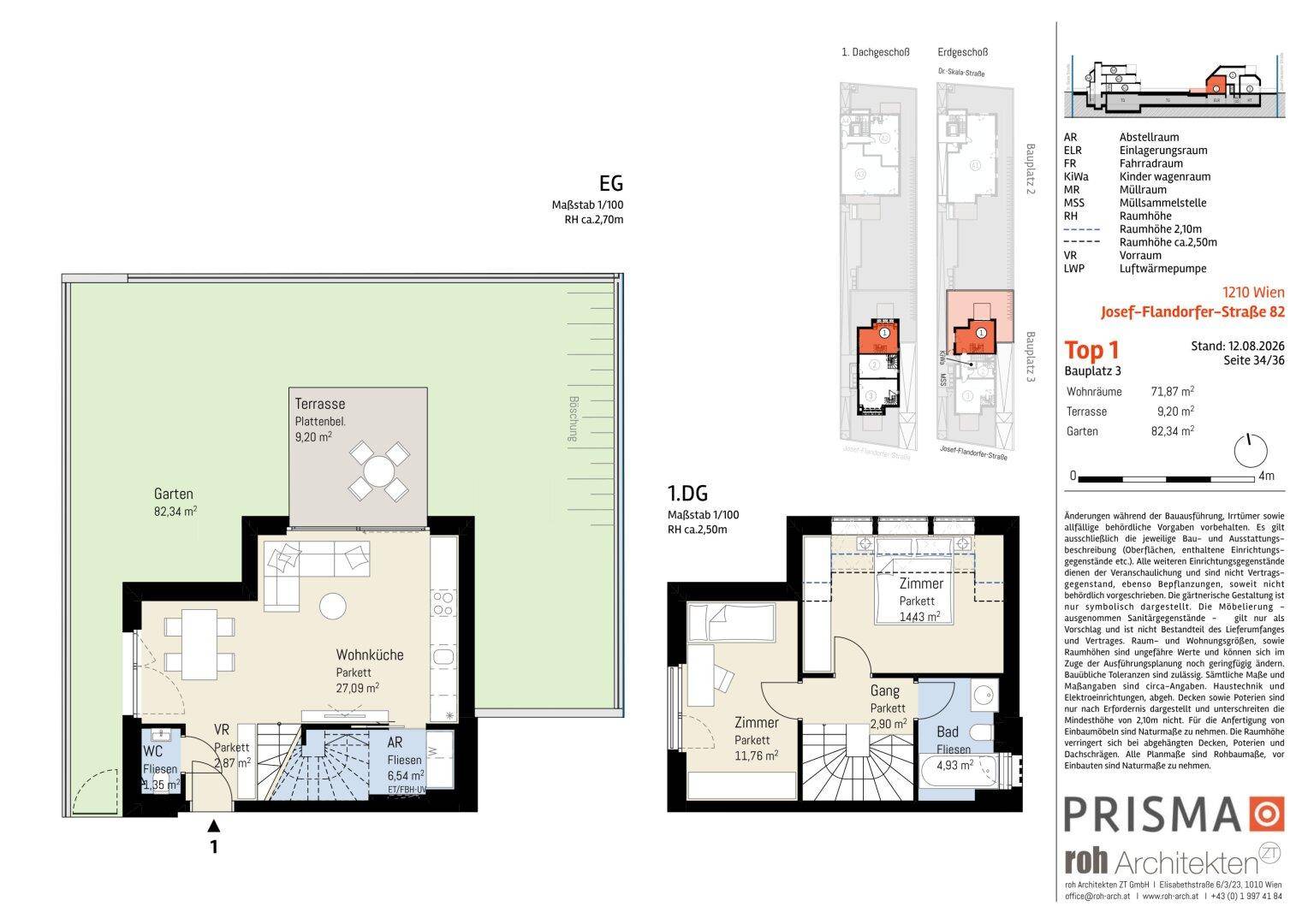 Grundrissplan der Wohneinheit Top 1 mit Garten, Terrasse und zwei Etagen.