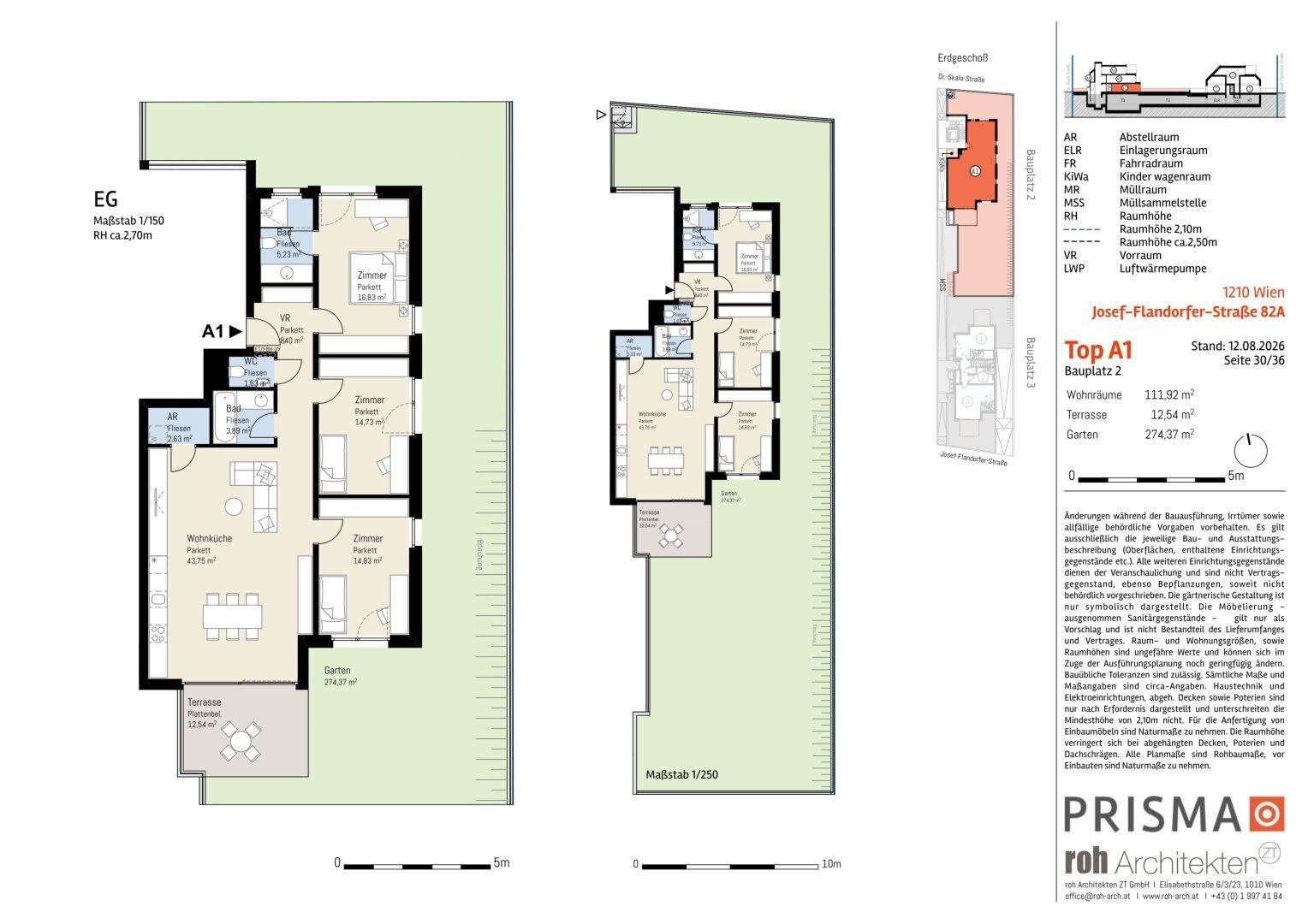 Grundrissplan eines Reihenhauses mit offenem Wohnbereich, Garten, Terrasse und Balkon.
