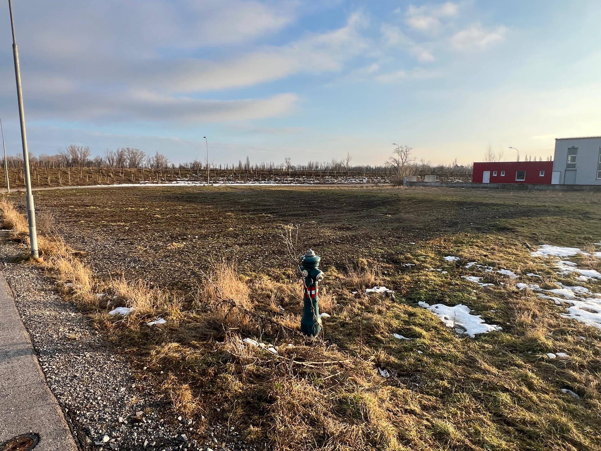 Blick über ein weites Feld mit einem Hydranten im Vordergrund und Gebäuden in der Ferne.