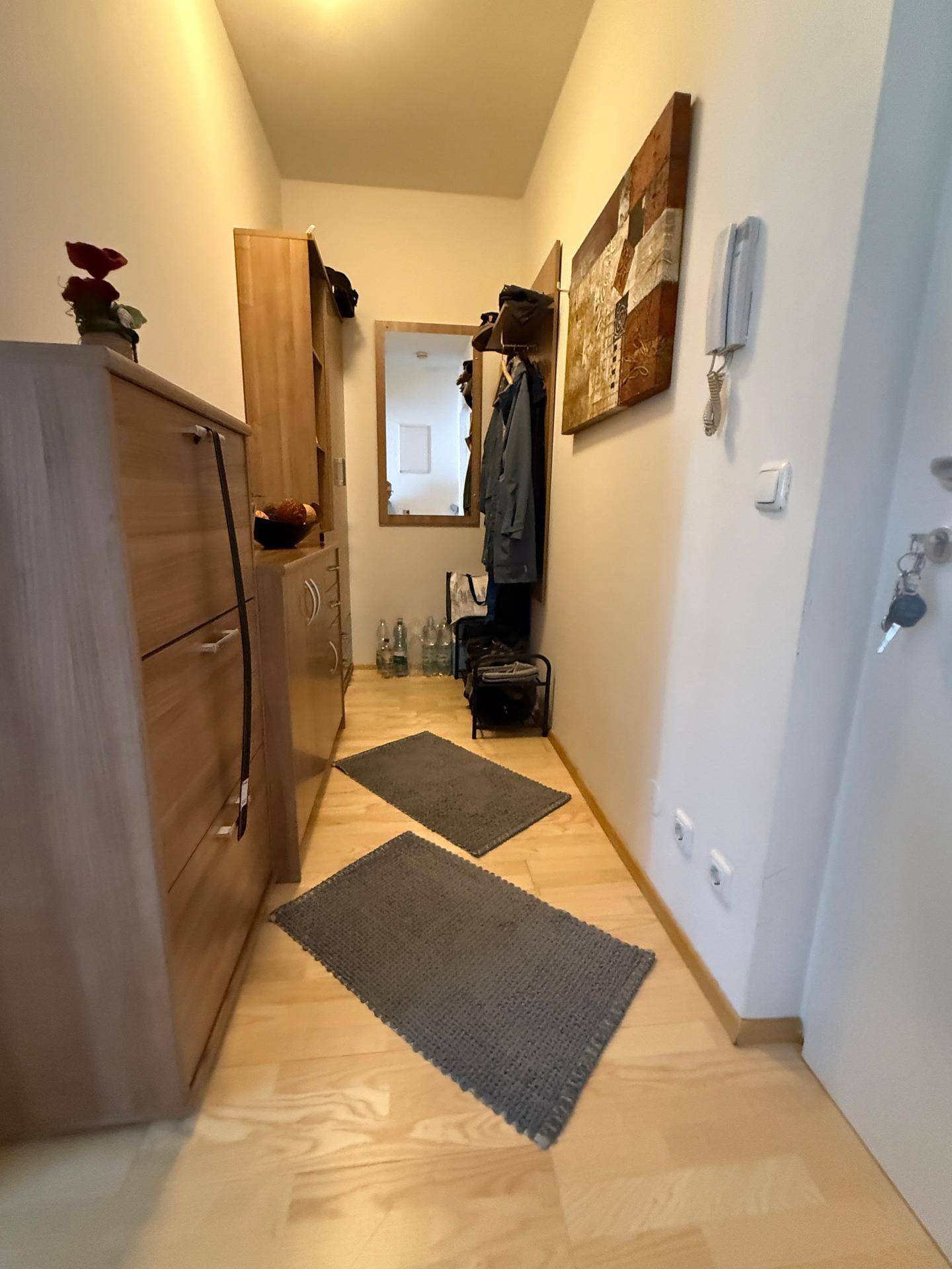 Heller Flur mit Holzmöbeln, Spiegel und Garderobe, bietet praktischen Stauraum.