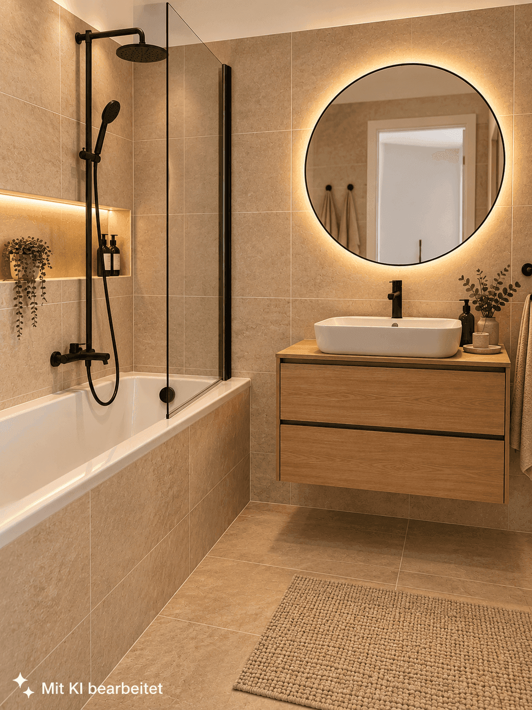 Modernes Badezimmer mit Badewanne, Regendusche und beleuchtetem Spiegel.