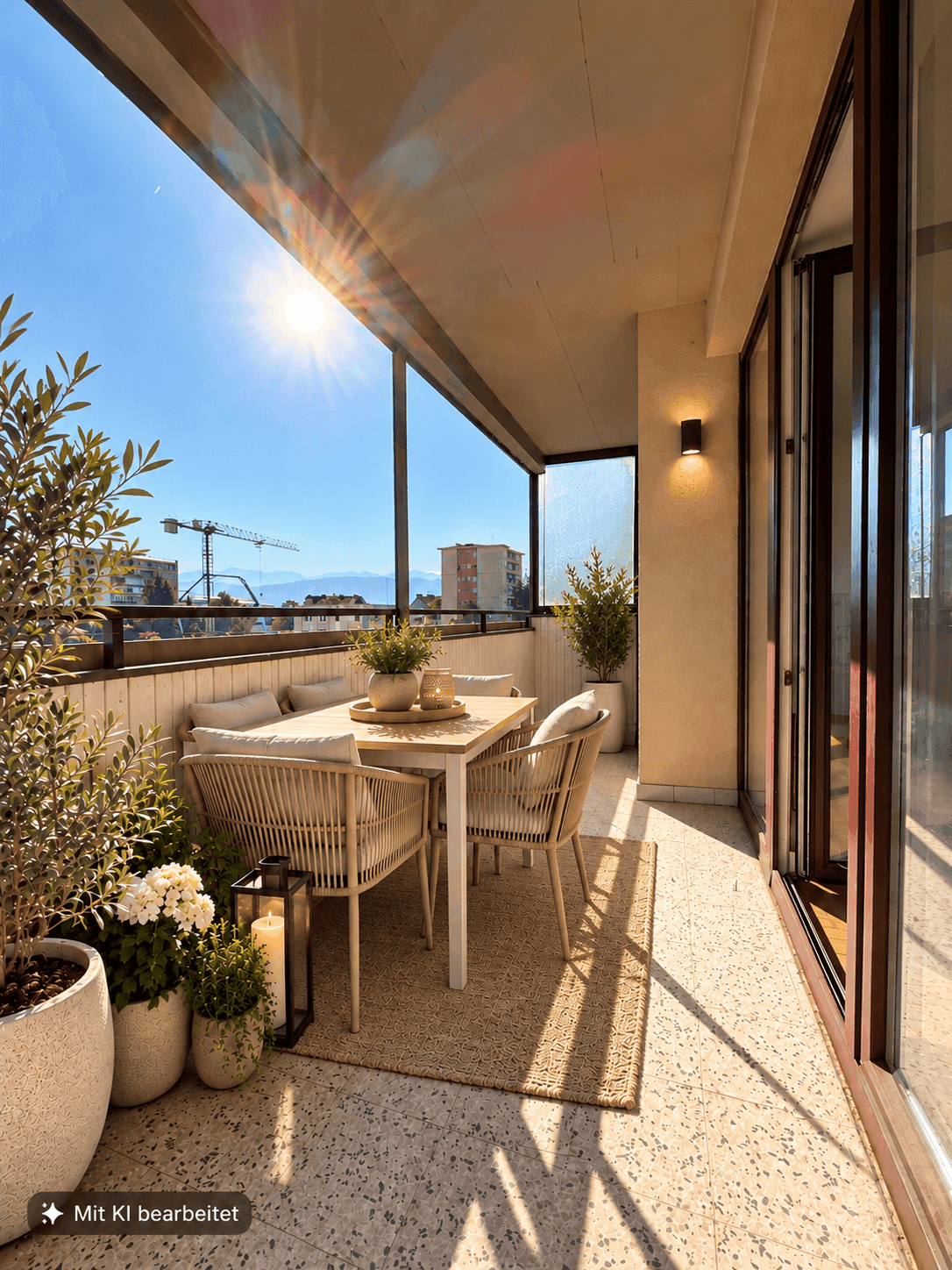 Sonniger Balkon mit modernen Outdoor-Möbeln und Blick auf die Umgebung.