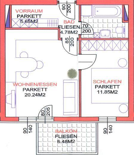 Farbiger Grundriss einer Wohnung mit Wohn-/Essbereich, Schlafzimmer und Balkon.