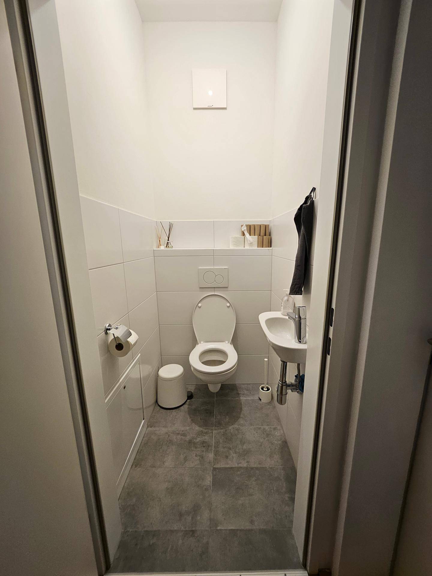 Kleines Gäste-WC mit Toilette, Waschbecken und modernen Fliesen.