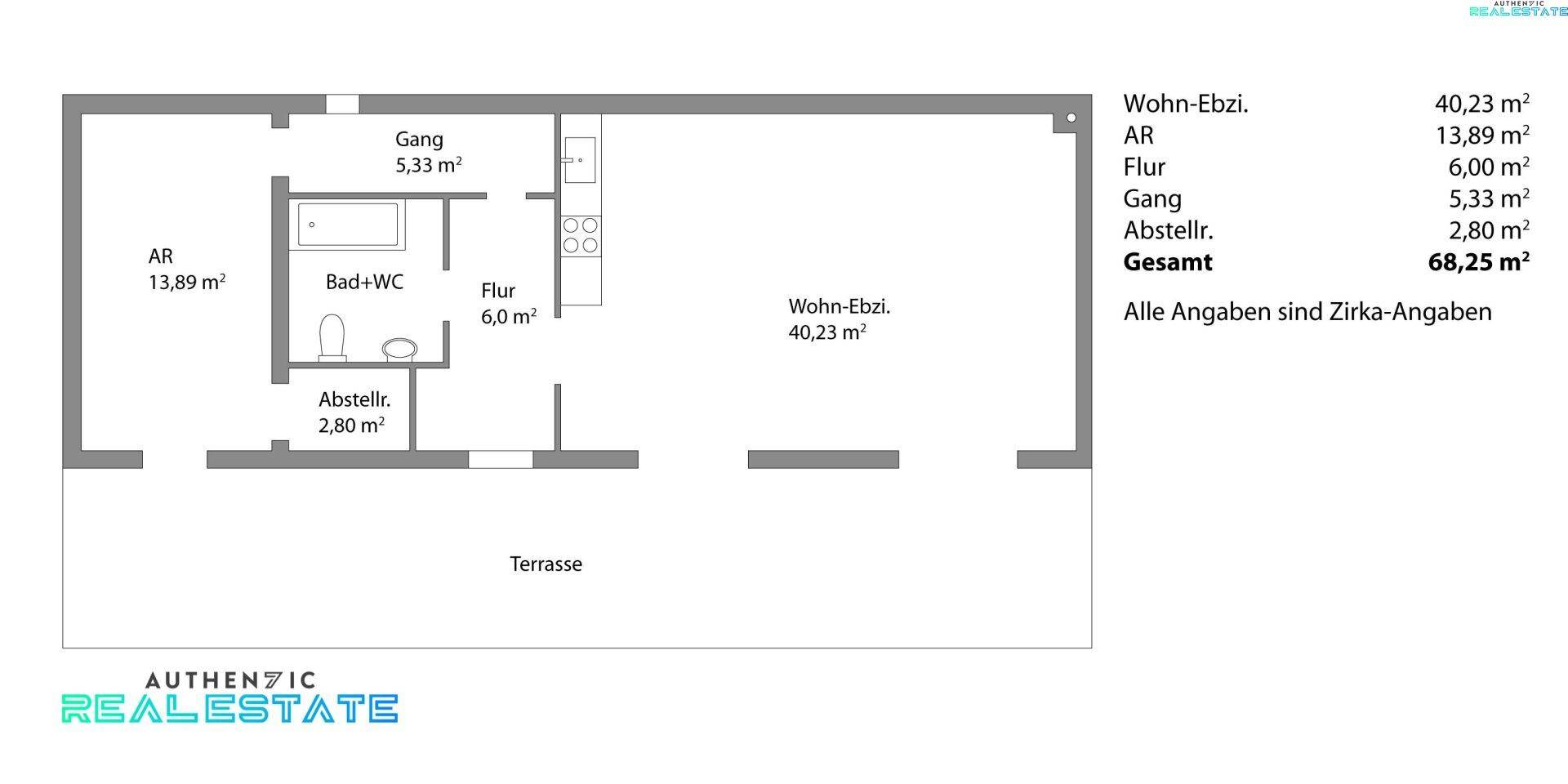 Grundriss einer Wohnung mit Wohn-Essbereich, Bad, Abstellraum und Terrasse.
