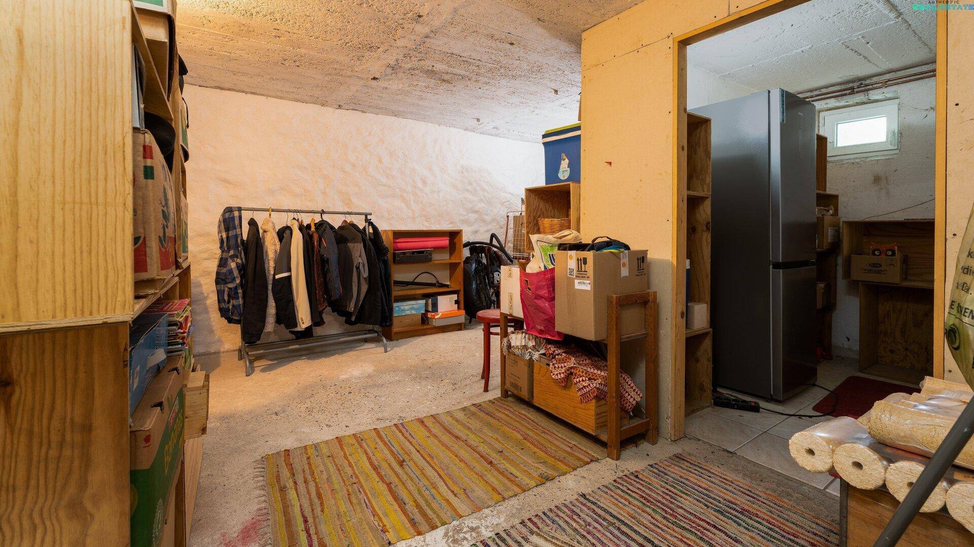 Kellerbereich mit Kleiderstange, Kühlschrank und Lagerregalen.